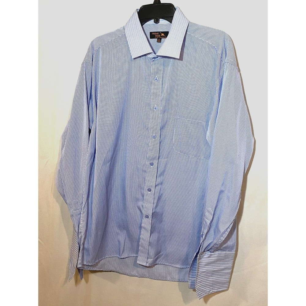 Prime Time by Don Jonathan Inc Mens Shirt Sz 17.5- 34/35 Striped Blue Button Up